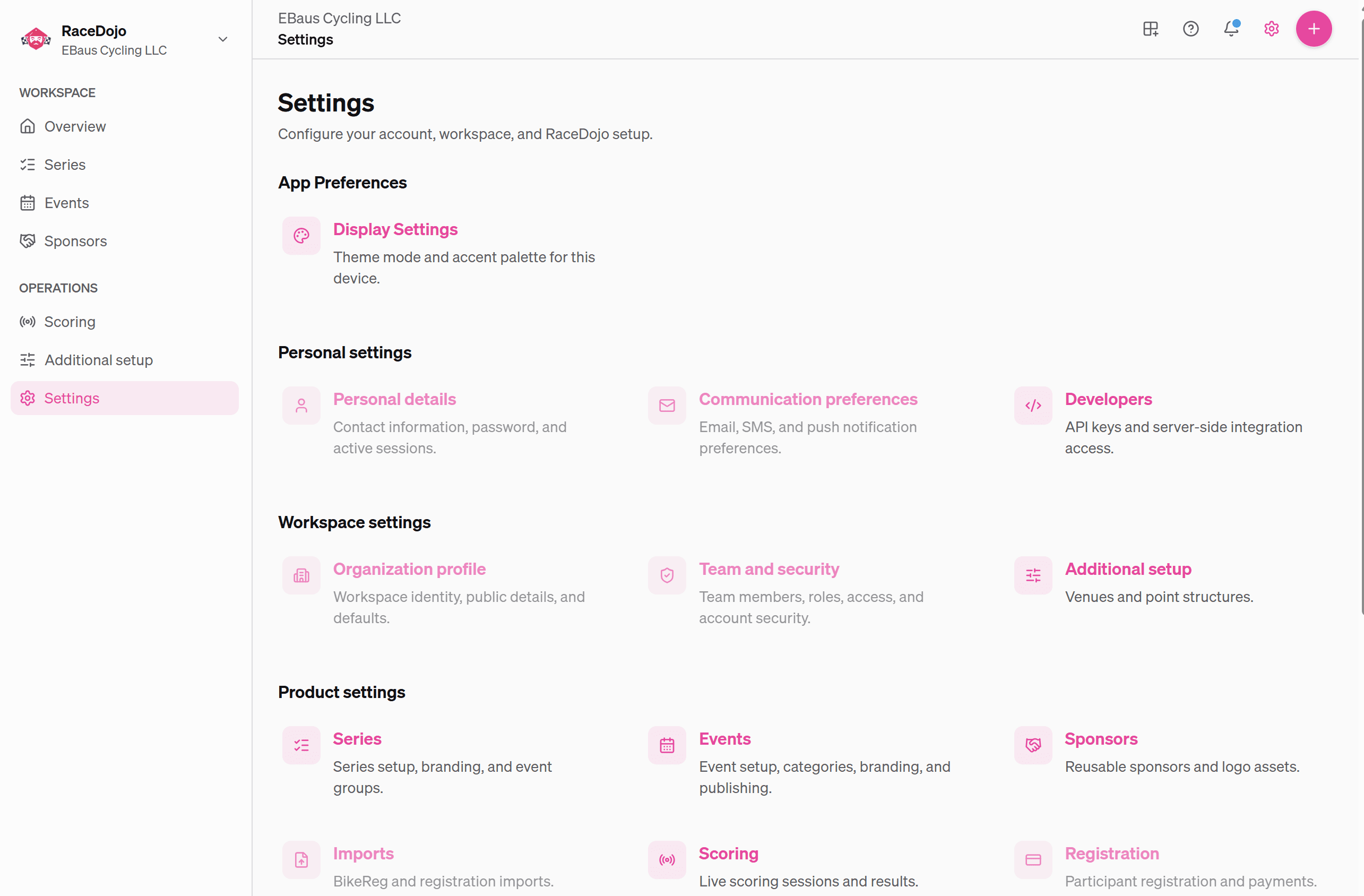 RaceDojo settings workspace with race operations, scoring, events, sponsors, and organization controls